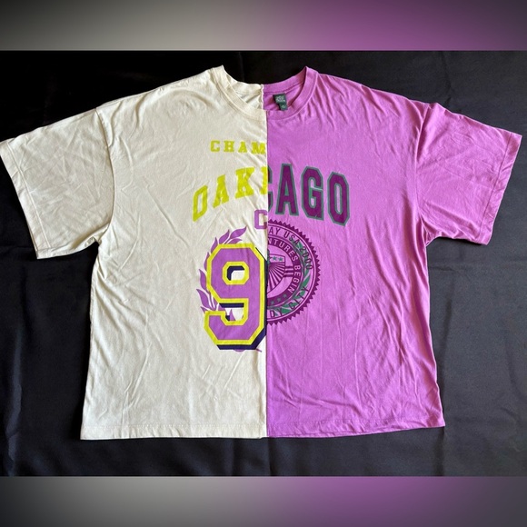Oakland Chicago Split T Shirt Womens Medium Beige Purple Short Sleeve Baggy - Picture 1 of 6